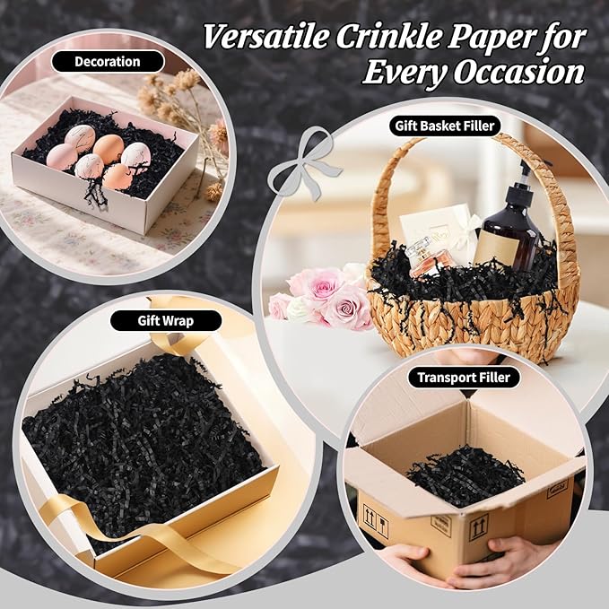 CANIYA 2.2 LB Black Crinkle Cut Paper Shred Filler, Shredded Paper Filling for Gift Basket, Filler Paper for Birthday, Wedding, Anniversarie