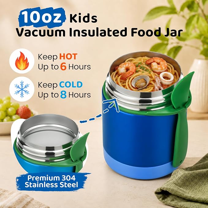 10oz Soup Thermo for Hot Food Kids Insulated Food Jar,Thermo Hot Food Lunch Container, Width Mouth Stainless Steel Lunch Box for Kids with Spoon (Blue)