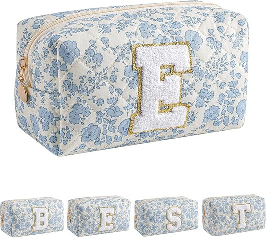 JOVAKIT Alphabet Makeup Bag Cosmetic Bag for Women, Christmas Gifts for Girls Age 6-18, Floral Flowers Coquette Travel Toiletry Zipper Make Up Pouch Organizer Trendy Stuff (Blue Floral E)