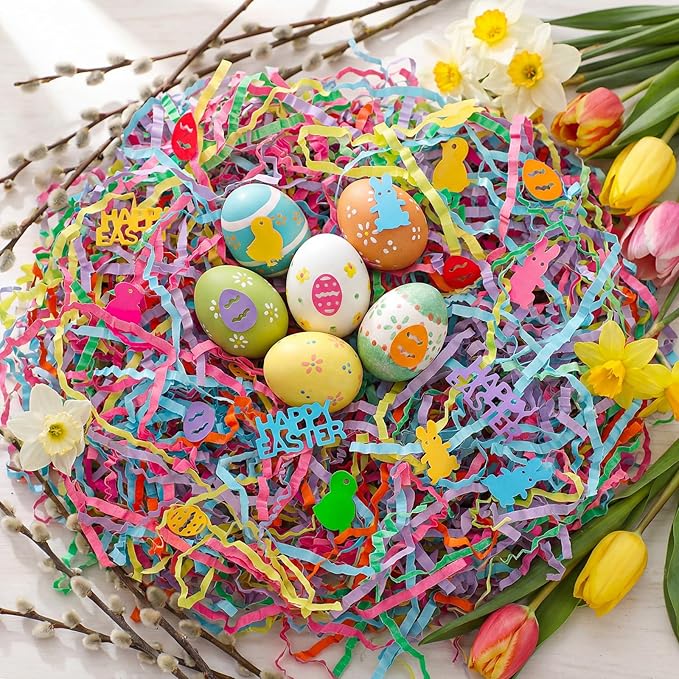 woric Easter Grass Basket Filler, 10.6oz(300g) 6 colors Crinkle Cut Paper Shred Filler with Colorful Easter Confetti for Gift Baskets Egg Hunt Gift Wrapping DIY Crafts Decoration