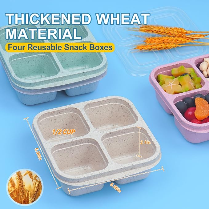 LCHLZZ 4 Pack Snack Containers, 4 Compartments, 2-Cup Capacity, BPA-Free | Reusable Bento box with Easy-open Lids, Microwave & Dishwasher Safe, Perfect for Meal Prep, Office snacks, Travel and Picnics