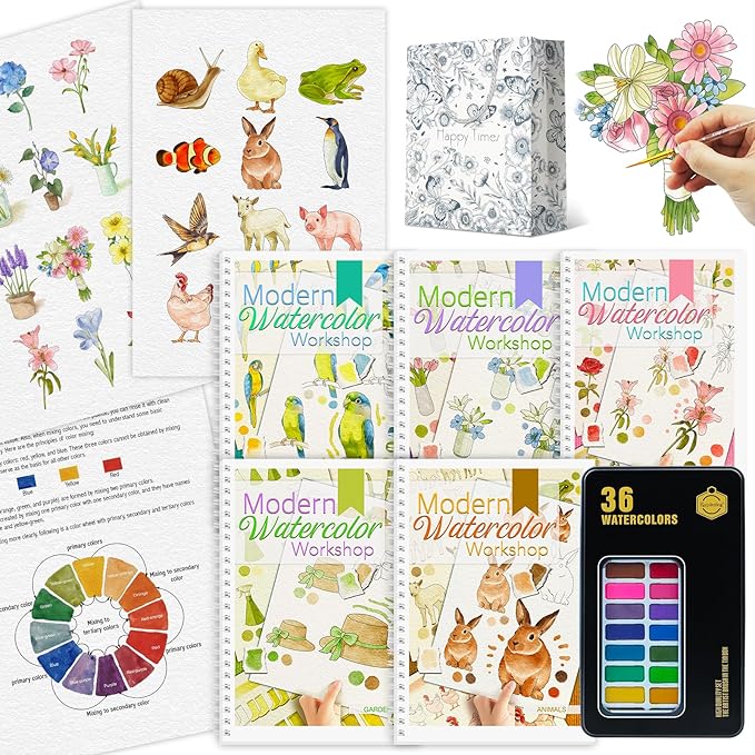 5Pcs Watercolor Workbook, Beginner Friendly Watercolor Workbook with Step by Step for Adults with 36 Colors Paint, Watercolor Paper, Watercolor Painting Kit, Beginner-Friendly Water Coloring Book
