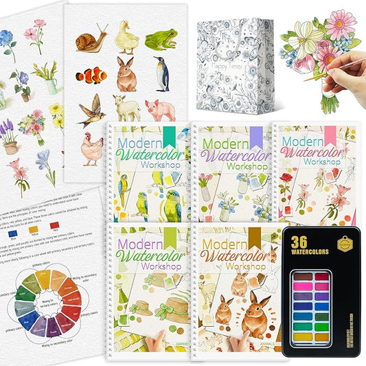 5Pcs Watercolor Workbook, Beginner Friendly Watercolor Workbook with Step by Step for Adults with 36 Colors Paint, Watercolor Paper, Watercolor Painting Kit, Beginner-Friendly Water Coloring Book