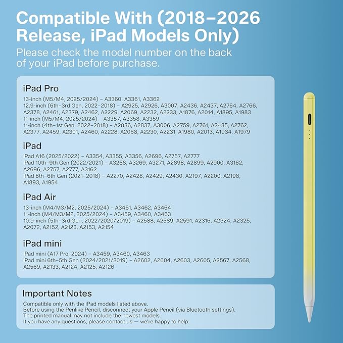 Stylus Pen for iPad 2018-2026, 2X Fast Charge Active Pencil with Tilt Sensitivity & Palm Rejection, iPad 11/10/9/8/7/6/A16, Air M4/M3/M2, Pro M5/M4, Mini 7/6/5 (Yellow)