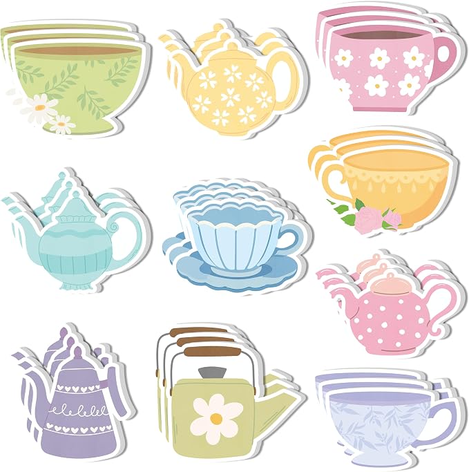 Xqumoi 30 Pack Tea Party Sticky Notes - Cute Teapot Theme Self Sticky Notepads Floral Vintage Tea Cup Writing Memo Pads for Birthday Baby Shower Wedding Garden Classroom Party Favors