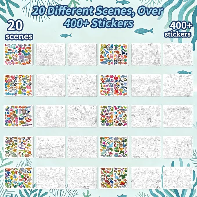 Elfew Search and Find Sticker Book for Kids Ages 3-8, Dinosaur and Ocean Animal Sticker Activity Book for Kids with 20 Theme, Over 400+ Stickers, Toddler Educational Travel Toys