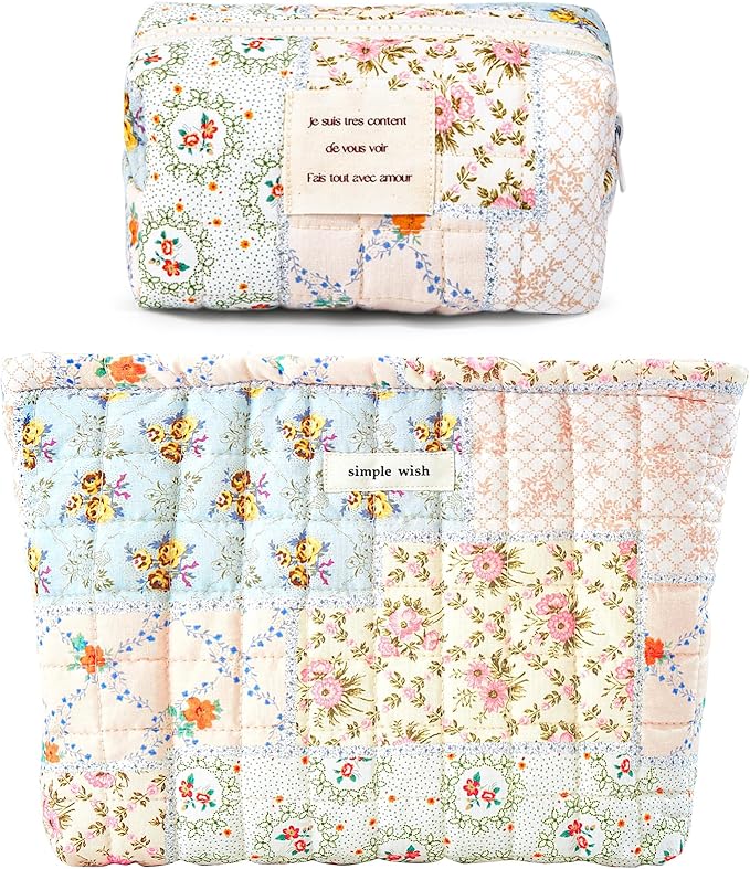 Sminra 2 Pieces Floral Makeup Bag, Cute Travel Quilted Pouch Cosmetic Bag Organizer, Small Cotton Coquette Aesthetic Purse Toiletry Bag for Women Girls accessories (Blue Flower-2PCS)