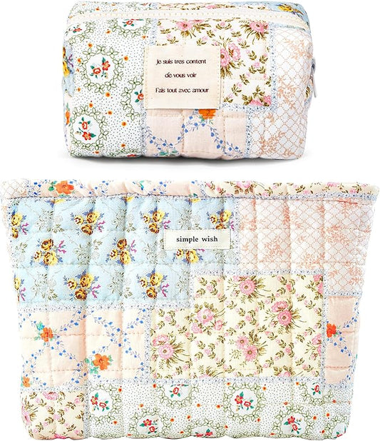 Sminra 2 Pieces Floral Makeup Bag, Cute Travel Quilted Pouch Cosmetic Bag Organizer, Small Cotton Coquette Aesthetic Purse Toiletry Bag for Women Girls accessories (Blue Flower-2PCS)