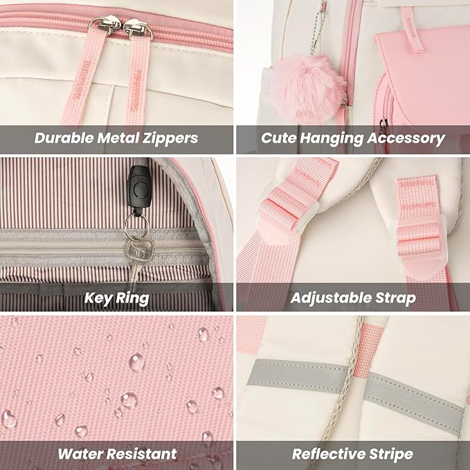 WINDARS School Backpack with Lunch Box for Teen Girls, Cute College Backpacks for Women Students Aesthetic Bookbag Large 15.6 Inch Laptop Bag Middle School Travel Back Pack (Pink Beige-3 Pcs)
