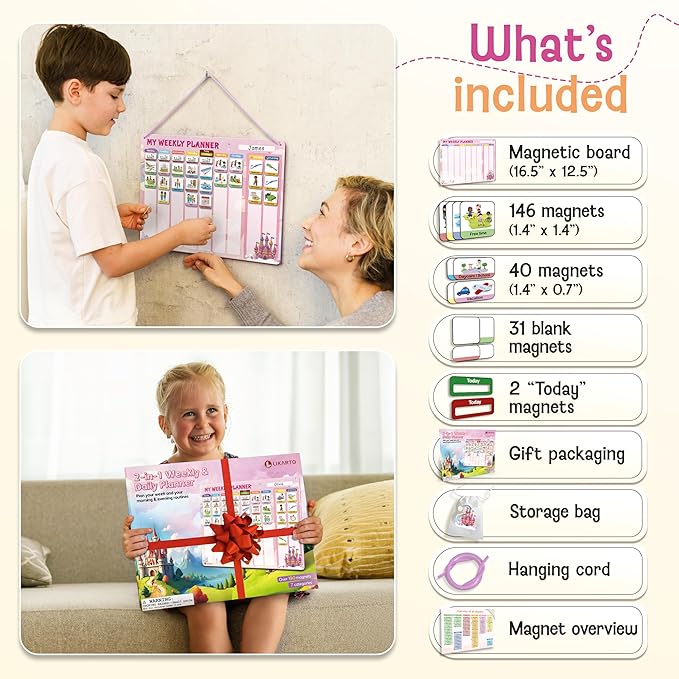 LIKARTO Visual Schedule for Kids - 2-in-1 Weekly + Daily Schedule - Magnetic Schedule with 188 Magnets and Magnetic Backing - Chore Chart Kids - Routine Chart for Toddlers, Autism, ADHD - Pink