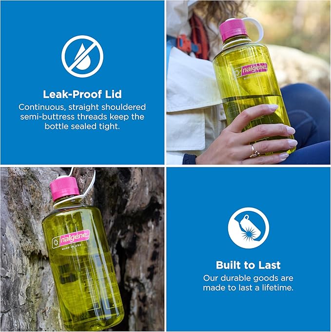 Nalgene 32 oz Narrow Mouth Water Bottle | BPA-Free, Durable & Leak Proof, Lightweight for Hiking & Gym – Thrill & Motion, Endive w/Fuschia Purple
