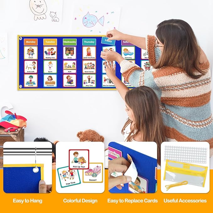 Large Visual Schedule for Kids Chore Reward Chart,Bedtime Routine Chart for Toddlers,Double Side Weekly Planner Board with 109 Cards for Home School Planner,Autism Learning Materials.