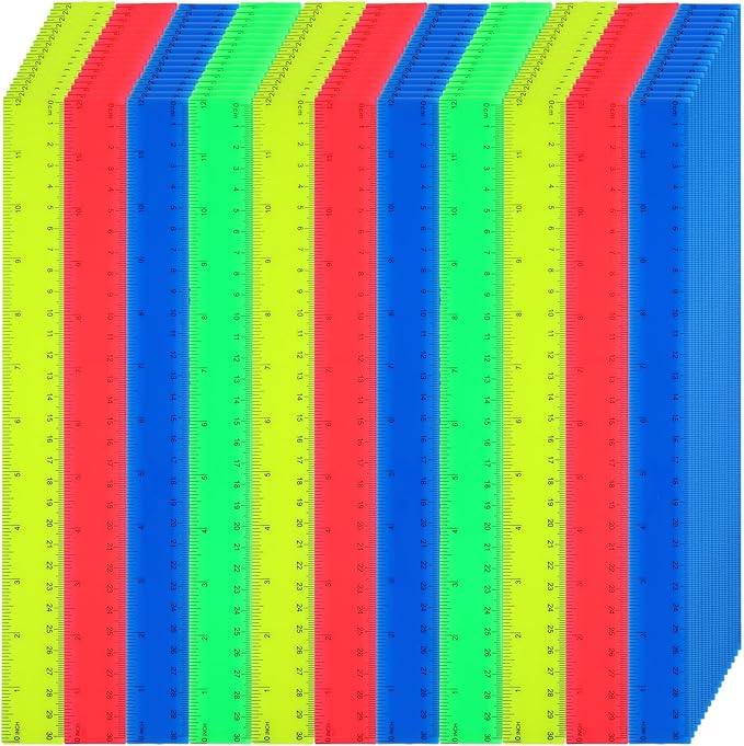 Zonon 100 Pcs 12 Inch Plastic Ruler Assorted Colors Rulers with Centimeters Millimeter and Inches Shatterproof Straightedge Bulk for Classroom School Home Office Kids(Plastic,Yellow, Green, Blue, Red)