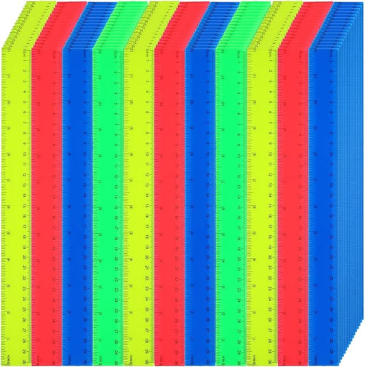 Zonon 100 Pcs 12 Inch Plastic Ruler Assorted Colors Rulers with Centimeters Millimeter and Inches Shatterproof Straightedge Bulk for Classroom School Home Office Kids(Plastic,Yellow, Green, Blue, Red)