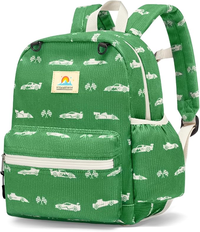 STEAMEDBUN Corduroy Toddler Backpack for Girls 2-4: Kids backpack for Boys Girls - 12 inch Preschool Kindergarten Backpacks - Green Racing