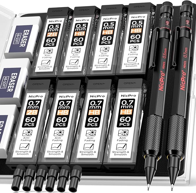 Nicpro 0.5 mm & 0.7 mm Metal Mechanical Pencil Set with Case, 2 PCS | Heavy Duty Lead Pencil + 6 Tube HB 2B Lead Refill, Eraser, Weatherproof Metal Barrel for Outdoor Writing Drafting Drawing