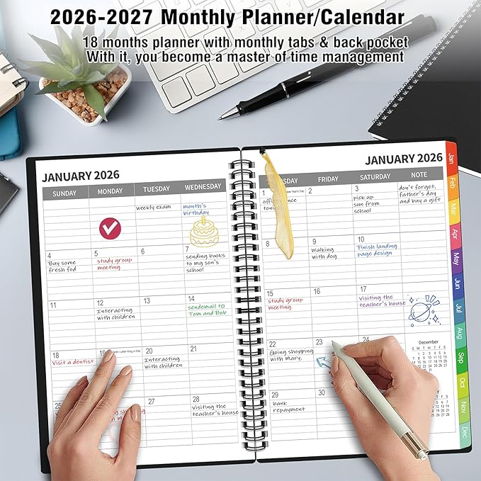 Monthly Planner 2026-2027(7.6'' x 10''), 18 Months Agenda Calendar Planner with Tabs & Pocket, Holidays, Note Pages, Time Management and Hit Your Goals, January 2026 - June 2027, 120GSM Thick Paper