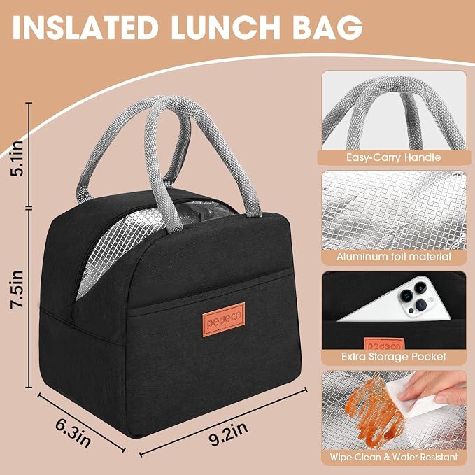 PEDECO White Bento Box with Bag for Adult Kid, Leakproof 2-Layers Stackable | Insulated bag and sauce pod,2-tier stackable 1100ml ,Microwave & dishwasher safe, BPA-free,For school, work, travel, picnic