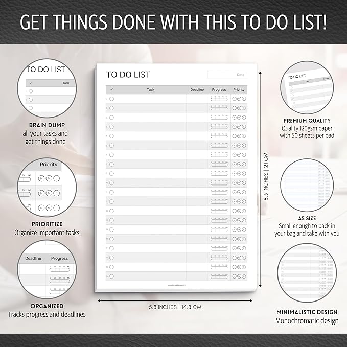 A5 To Do List Notepad – Undated Daily Task Planner Pad with Priority, Progress Tracker & Deadlines – Minimalist Productivity Planner Deskpad – 120gsm Premium Paper – 50 Sheet Checklist Notepad