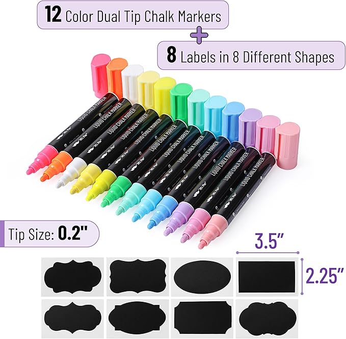 Mr. Pen Chalk Markers - 12 Pack Assorted Colors, 8 Labels, Liquid Chalk Pens for Chalkboard & Glass, Erasable