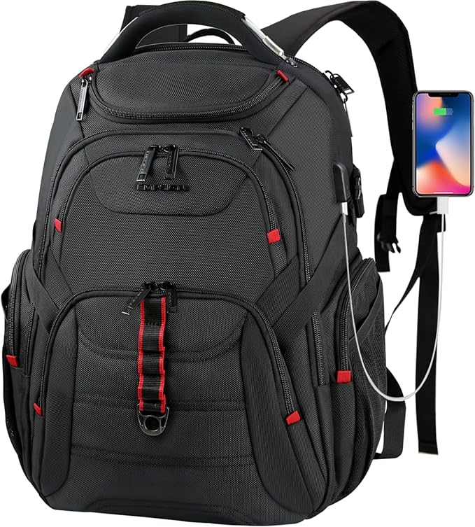EMPSIGN Travel Laptop Backpack for men, 17.3 Inch Computer Backpack, 45L Anti-Theft Business Laptop Backpack with USB Charging Port, Water-Repellent Work College School Backpack for Men Women, Black