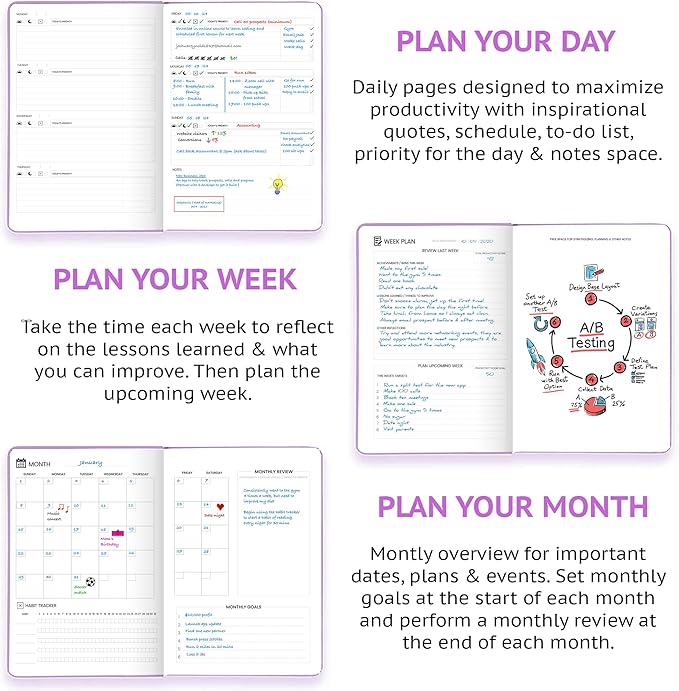Wyze Planner Undated Daily Planner – 1-Year B5 Productivity Organizer with Two-Page Weekly Spread, ADHD Friendly, Goal Setting, Habit Tracker, Weekly & Monthly Pages – Hardcover Time Management Notebook (Lilac)