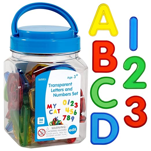 edxeducation Transparent Letters and Numbers | Mini Jar | Colorful, Plastic Letters and Numbers | Light Box Accessory | Practice Counting and Spelling