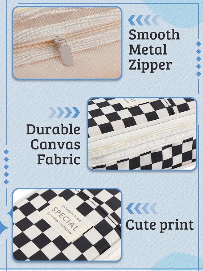 Bigmeta Gingham Expandable Pencil Case for Teens Girls - Black | Zipper Gusset for Adjustable Capacity, Checkered Cute Pencil Pouch, Stationery Bag Box for Student Back to School Gifts