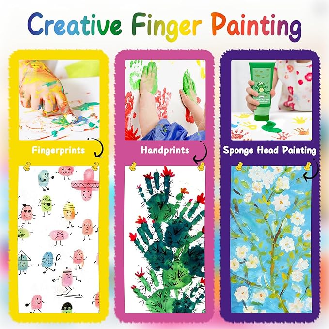 Washable Finger Paint with a Sponge Head, 12 Colors (1.69fl oz/Tube) Non-Toxic, Toddler Painting Set for Kids Boys Girls Gifts, Hand-Painted DIY, Ages 1-3 4 5 6+