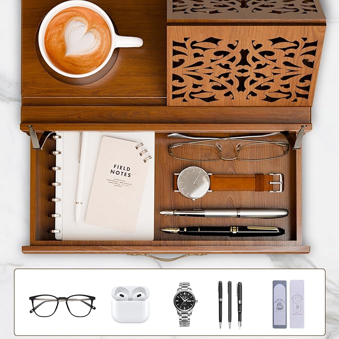 Adjustable Wooden Book Stand with Storage - Multi-Function Hands Free Book Holder for Books, Tablets & Recipes with Cup Slot, Pen Groove & Page Holder - Perfect Kitchen Counter & Gifts for Book Lovers