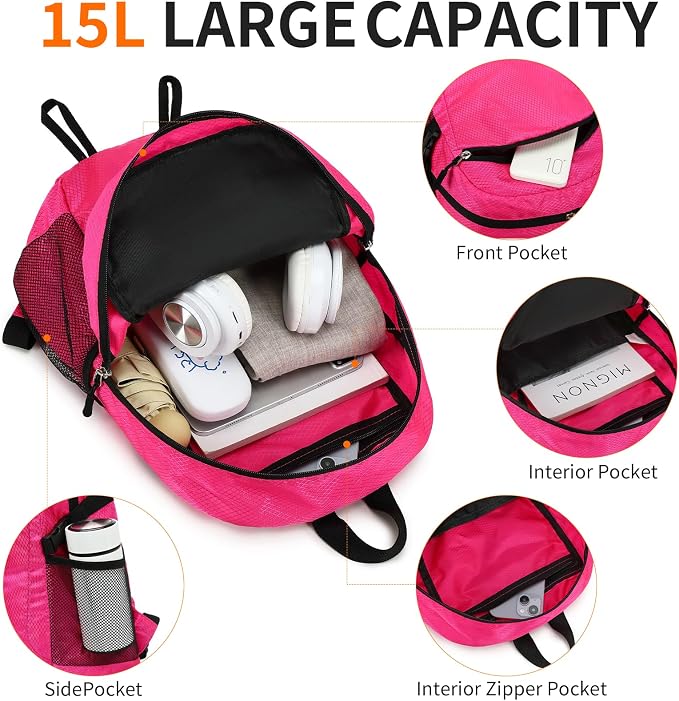 Small Hiking Backpack 15L Travel Lightweight Hiking Packable Daypack Water-Resistant Foldable Backpacks for Women Men Camping (Pink)