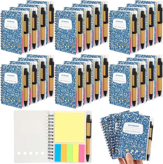 Dunzoom 24 Sets Spiral Notebook Bulk, Steno Pads Lined Notepad with Pen, Sticky Notes Colored Index Tabs, 5.2" x 4.1" Pocket Notebook for Home Business Office Supplies, 60 Sheets (Blue)