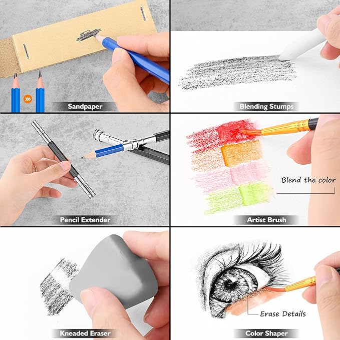 Caliart 176PCS Art Supplies Sketching Kit with 100 Sheets 3-Color Sketch Book, Graphite Colored Charcoal Watercolor & Metallic Pencils, Drawing Set Gifts for Adults Teens Girls Boys Kids