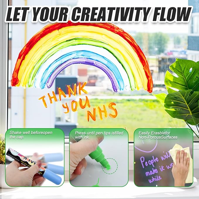 MAGXCENE Window Chalk Markers for Cars, Liquid Chalk Marker Pens for Glass, Wet Erase Marker for Blackboards Washable Car Window Paint Markers Pen for Auto, Mirror, 10mm 8 Color