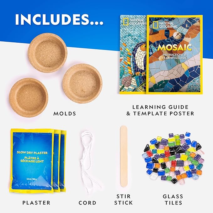 National Geographic Mosaic Arts and Crafts Kit for Kids - Mosaic Kit for Creating 3 Glass Tile Mosaic Art Projects, Includes Glass Tiles, Templates, Plaster & More, Art Supplies, Mosaic Kits for Kids