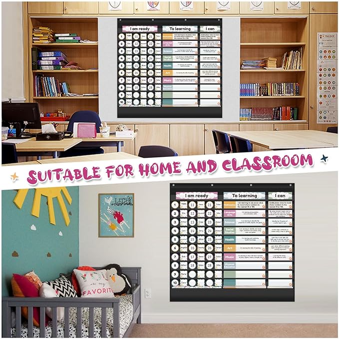 Visible Learning Classroom Pocket Chart - Reusable Dry Erase Learning Goals Board, Motivational Incentive Chart for Learning Goals, Behavior Tracking & Centers Rotation, Homeschool(Black)