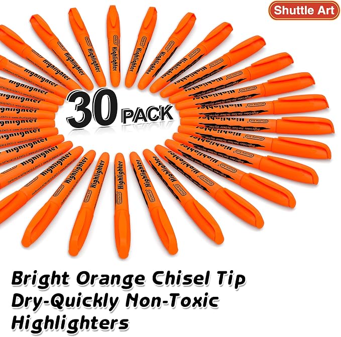 Shuttle Art Orange Highlighters, 30 Pack Highlighters Bright Colors, Chisel Tip Dry-Quickly Non-Toxic Highlighter markers for Adults Teachers Students Highlighting in the Home School Office