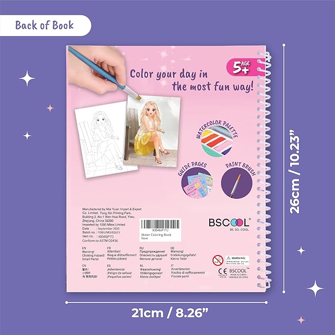 Water Coloring Book for Beginners Painting Kits for Kids Ages 5 and Up, Watercolor Paint Book with 12 Paint Palettes, 1 Brush, and Guides, Fashion Painting for Girls with 15 Pre-Drawn Models