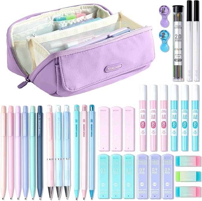 Four Candies 36PCS Mechanical Pencil Set with 624 Refills (Light Purple) | 0.5mm, 0.7mm, 0.9mm & 2.0mm Mechanical Pencils, Aesthetic School Supplies for Writing, Drawing, Drafting and Note-Taking