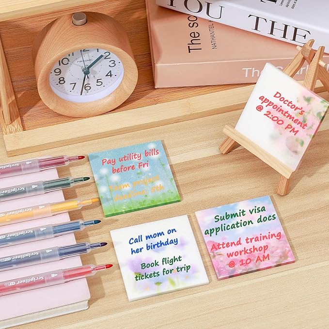 BAYTORY 200 Sheets Transparent Sticky Notes, 6Pcs Double-Ended Colored Marker Pen, 3 x 3 Glitter Clear Sticky Notes, Waterproof Self-Stick Note, Easy to Post for Note Taking (Flower)