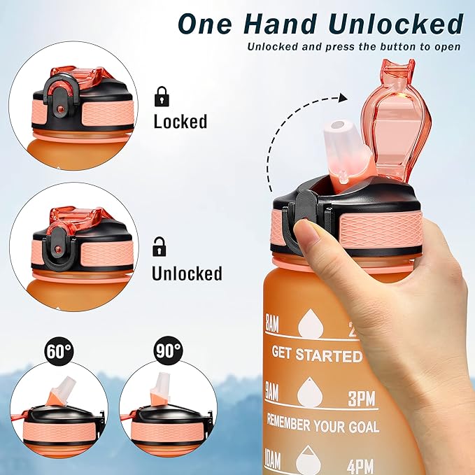 YC Kitchen Motivational Water Bottle with Time Marker - 32oz, Leak-proof BPA Free Sports Water Bottles with Straw & Carrying Strap
