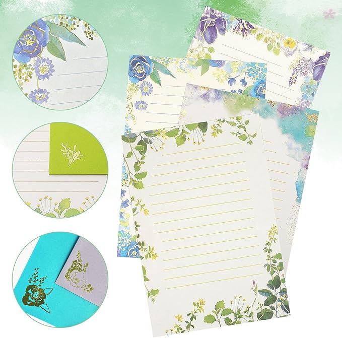 37 Pcs Stationery Paper Envelopes Set Includes 24 Lined Writing Paper & 12 Envelopes with 48 Round Stickers, Inlaid Flower Theme Pattern Letter Writing Paper Envelopes (4Style)