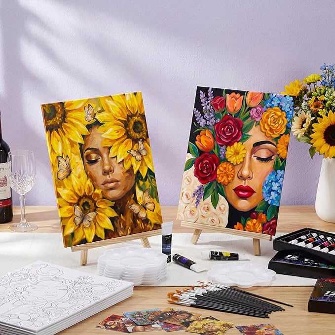 Cholemy 36 Pcs Paint and Sip Kit for Adults 8''x10'' Pre Drawn Canvas for Painting DIY Afro Acrylic Painting Kit Wood Easel Brushes Date Night Bulk for Father's Day Party Gifts(Floral Lady)