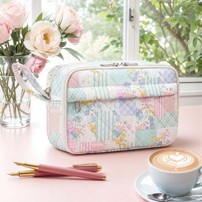 WOBAGMEN Quilted Pencil Pouch for Women, Large Capacity Pencil Case with Compartments, Cute Aesthetic Pencil Organizer, Floral Stationery Pouch（Colorful Patchwork）