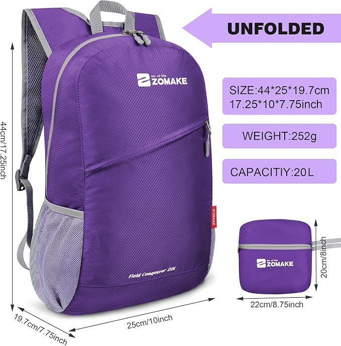 ZOMAKE Lightweight Packable Backpack 20L, Foldable Small Daypack for Hiking | Water Resistant Backpacks Day Bag for Travel Outdoor Camping Sport, Everyday Carry, Multi Compartment Storage(Purple)