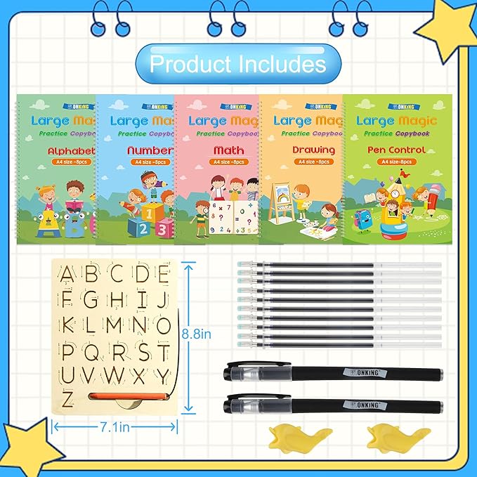 Large Handwriting Magic Grooved Practice Copybook Set: 5-Pack with Wooden Alphabet Tracing Board, Reusable Letter Learning Kit for Kid Age 3-8, Ideal for Kindergarten and Preschool Calligraphy Control