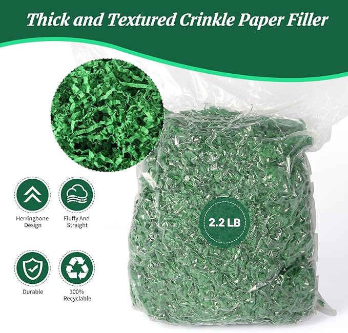 CANIYA 2.2 LB Green Crinkle Cut Paper Shred Filler, Shredded Paper Filling for Gift Basket, Filler Paper for Birthday, Wedding, Anniversaries
