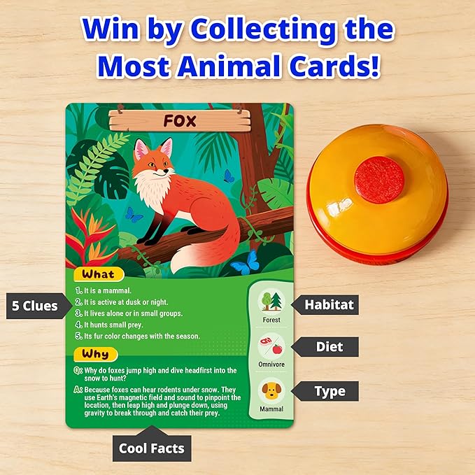 rokt&razo, What&Why? 87 Jumbo Cards with the Bell, Guess the Animal Card Game, Fun Educational Trivia Game for Kids & Family, 3 Difficulty Levels, Stocking Stuffer, for Home, School & Travel, Ages 4+