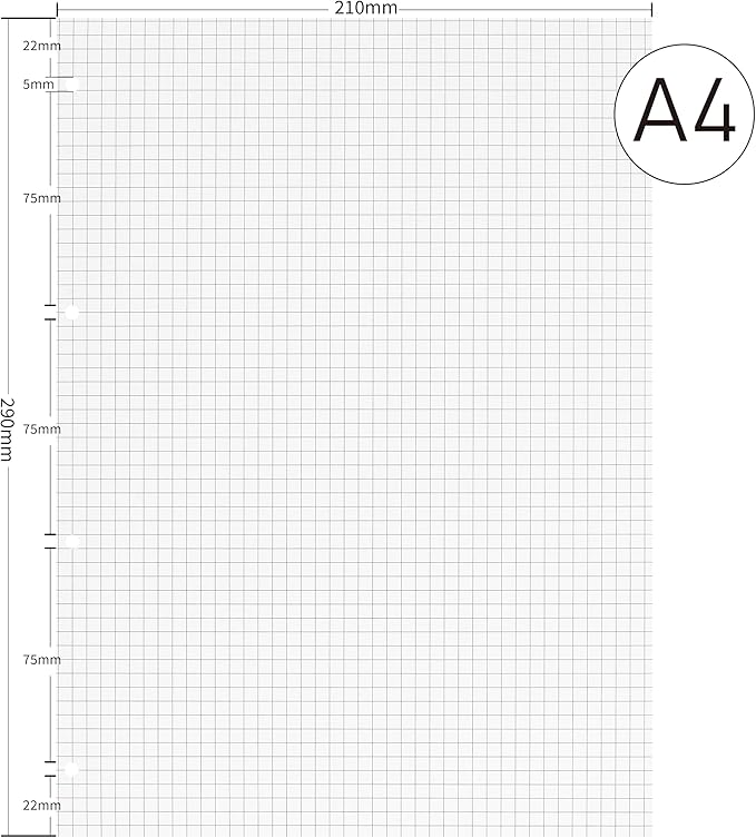 A4 Grid Paper 290x210mm - 135 Sheets 5mm Graph Paper Refill - 4-Hole Punch for A4 4-Ring Binders & Lever Arch Files - 100GSM for Notes, Technical Drawing & Bullet Journals