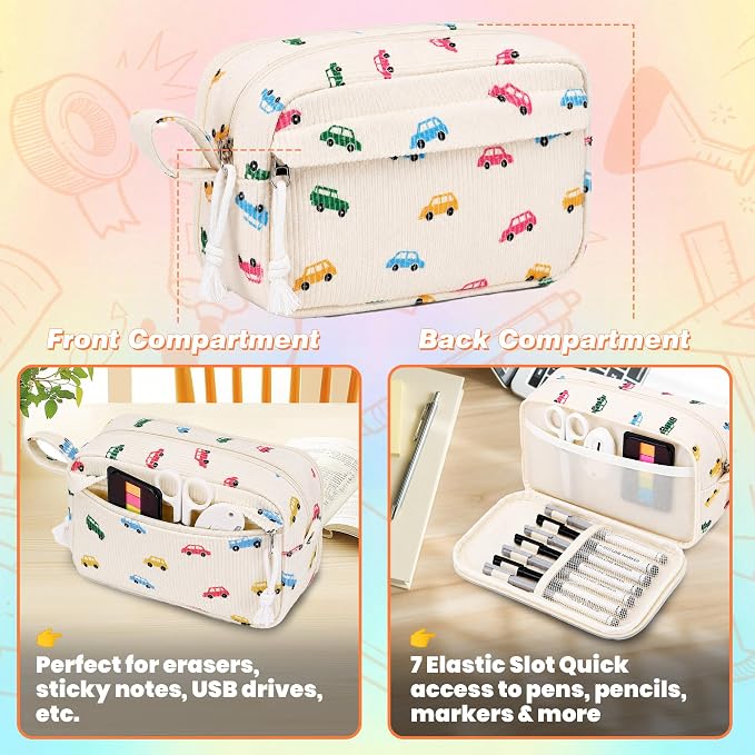 Big Capacity Pencil case,Soft Corduroy Pencil Bag with 3 Compartment,Pencil Pouch School Supplies Cute Pencil Box Pencil Bag for Teen Girls Boys College (Colorful Car)